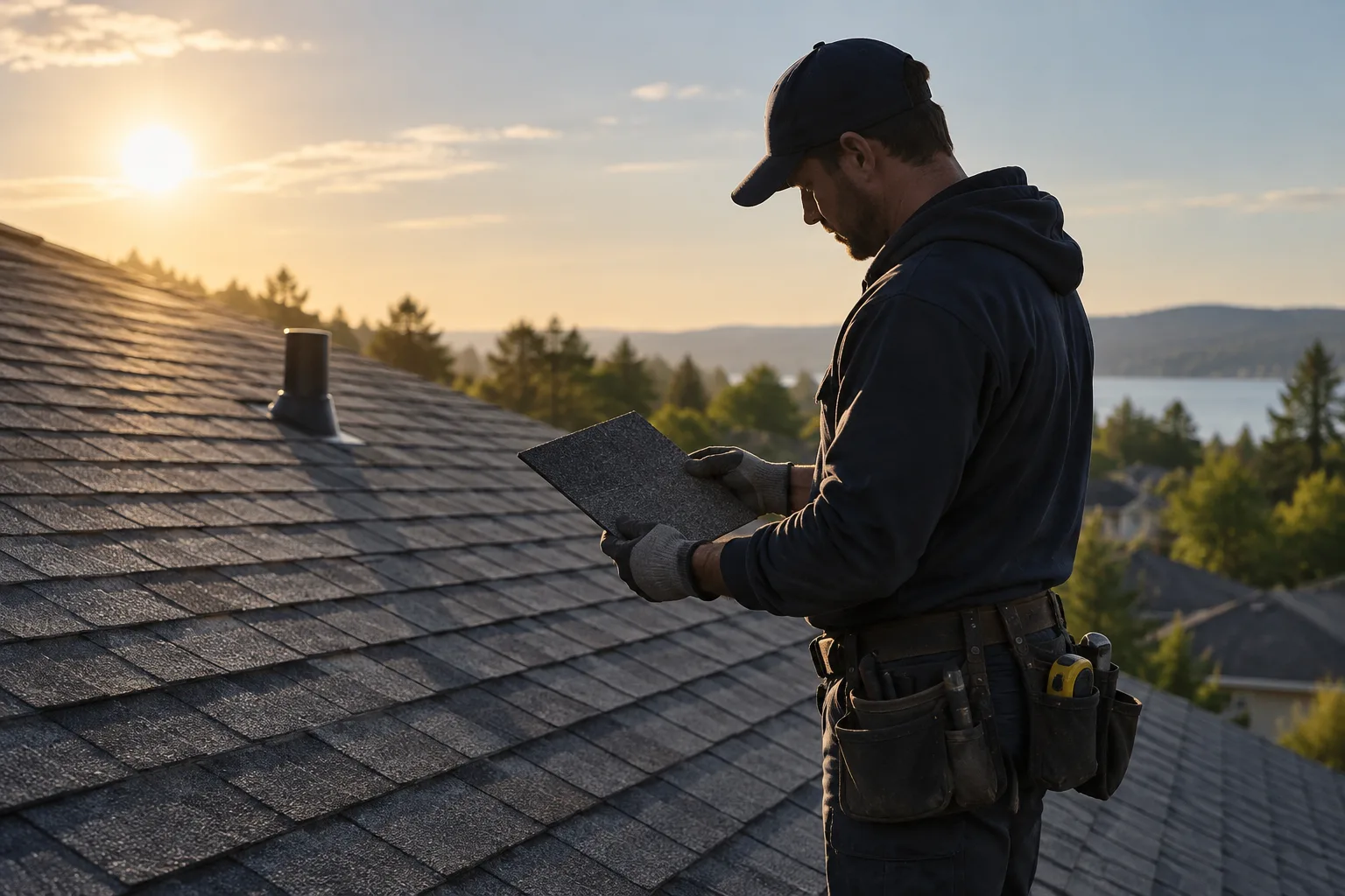 Generated illustration of a backlit roofer examining a shingle sample beside a roof