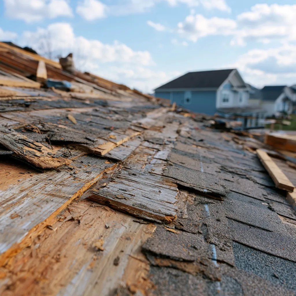 Exposed plank decking and shingle debris on a roof slope